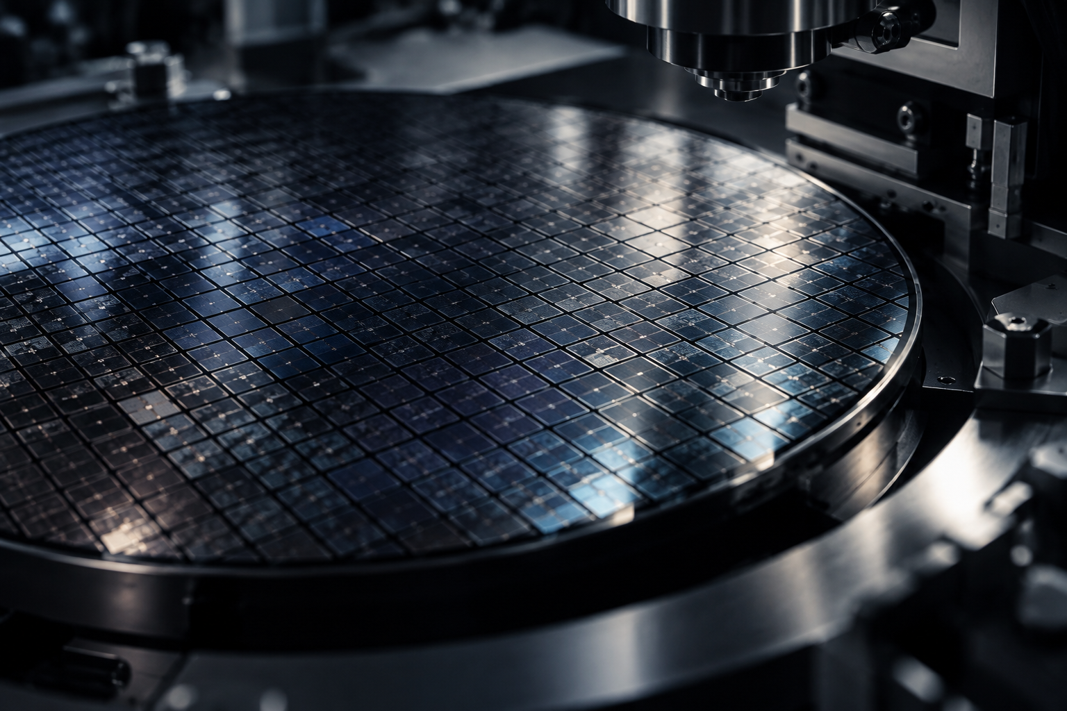 Editorial close-up of a semiconductor wafer
